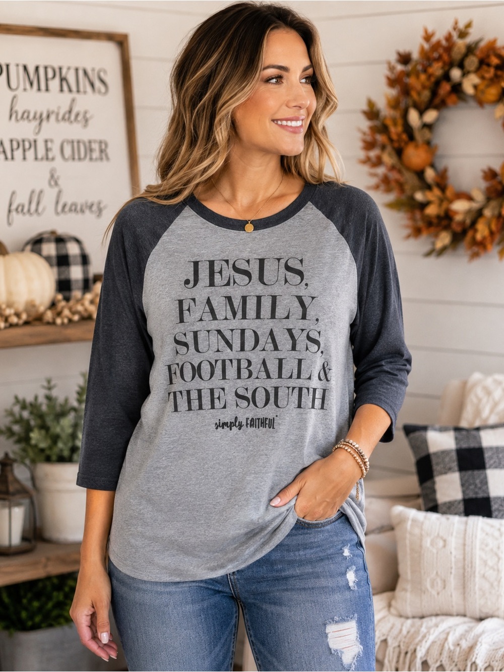 Women’s Large Simply Faithful Jesus Family Sundays Football & The South Shirt